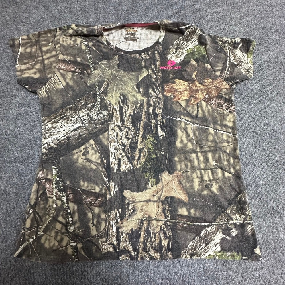 Mossy Oak T-Shirt Womens Size XL Brown Camo Short Sleeve Pink Logo Hunting Tee